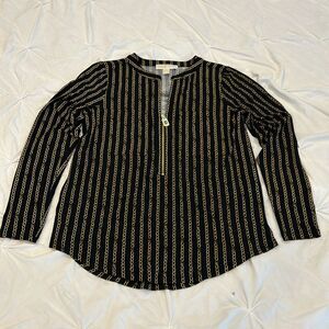 Michael Kors Women's Black w/ Gold Chain Print Half Zip Long Sleeves Blouse Med